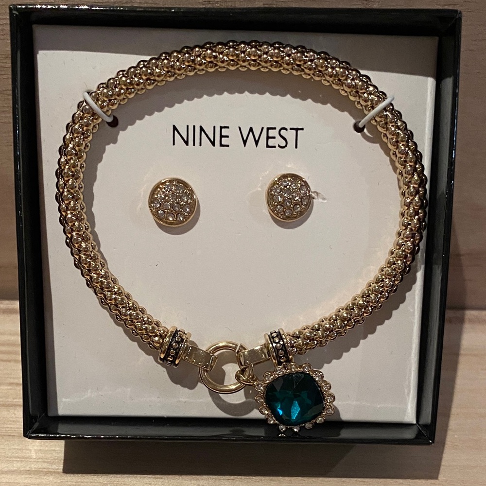 Nine West Gold Large fitting Bracelet with Green Charm and Post Earrings